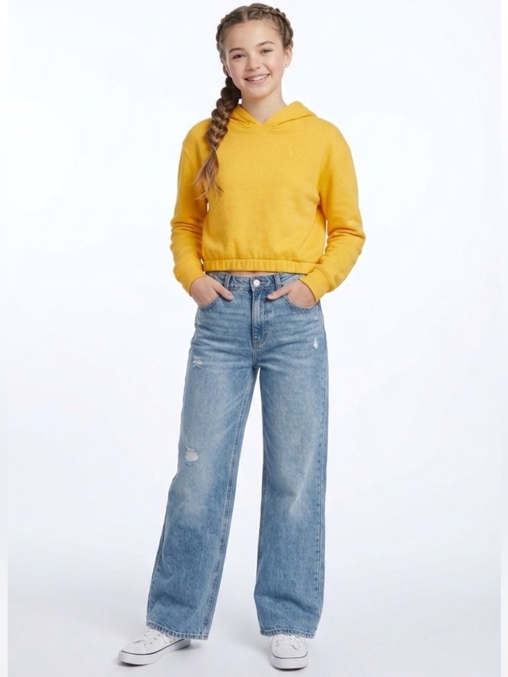 H&M Yellow Cropped NYC Embroidered Hoodie Size 14 Y Cotton Blend